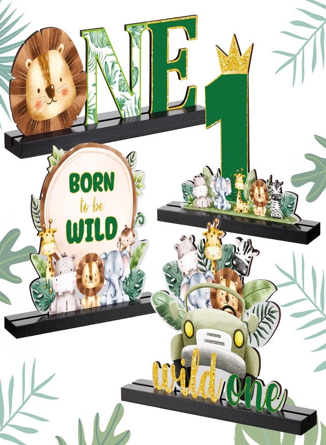 Riyiper 4 Pcs Safari Wild One Birthday Decorations Jungle Animals Party Supplies for Baby Shower Boy Girl First Birthday Table Decor Wooden Letter Desk Sign Centerpieces for Gender Reveal Sage Party - Image 1